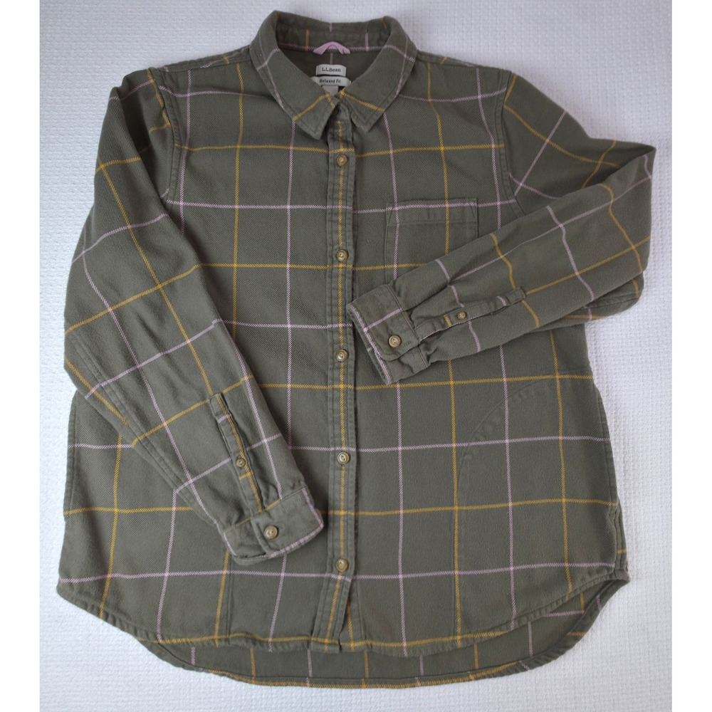 L.L.Bean Flannel Shirt Men Large Green Plaid Relaxed Fit